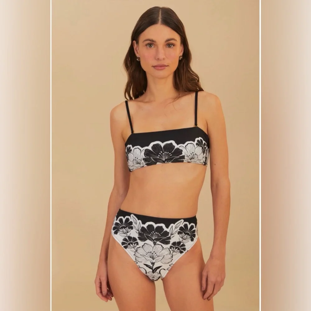 Set - Farm Rio Flower Leopards Bandeau Bikini Top & Bottom - Picture 1 of 9